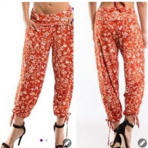 Robin Piccone Large Paprika Cream Ikat Floral Tie Hem High Waist Pants